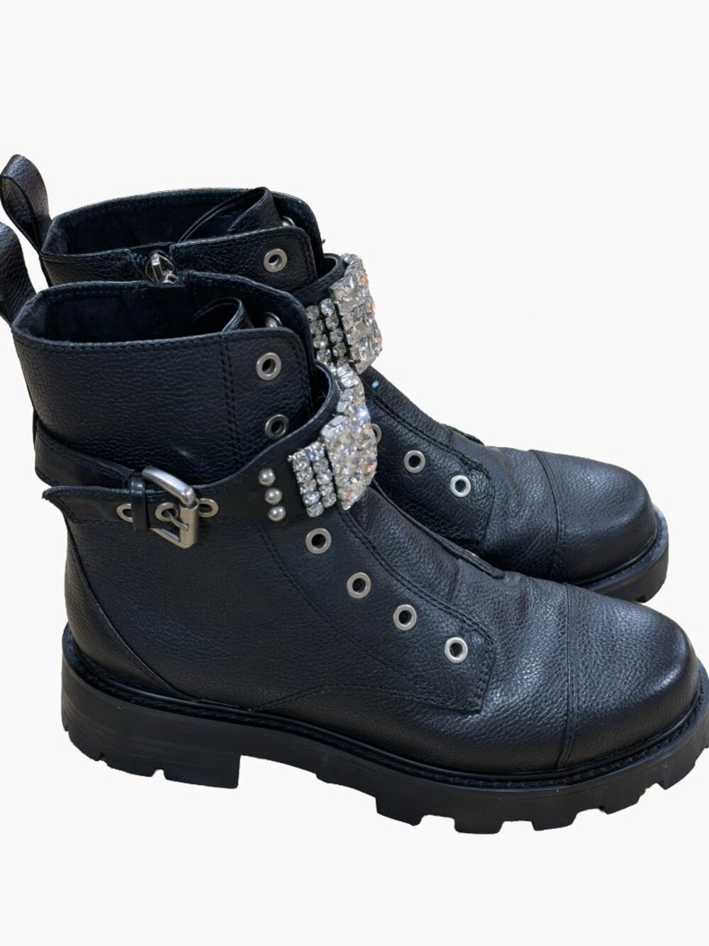 Karl Lagerfeld Paris Maeva Black Leather Crystal Buckle Combat Boots 7